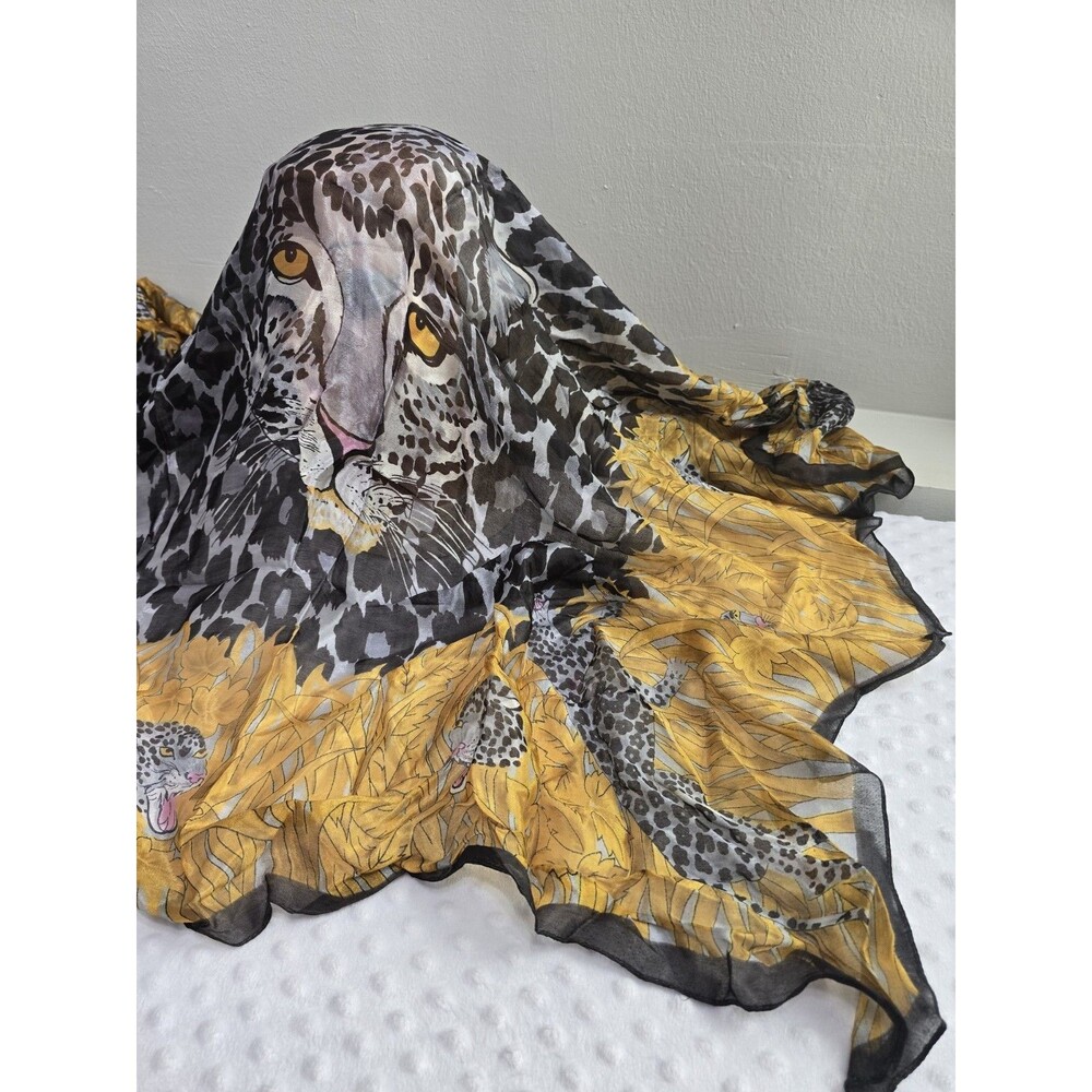 Vintage Silk Scarf Snow Leopard Jungle Cats Unique 69" x 39" Rectangular Large
